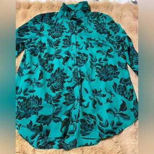 Women's Teal Floral Button-Up Blouse